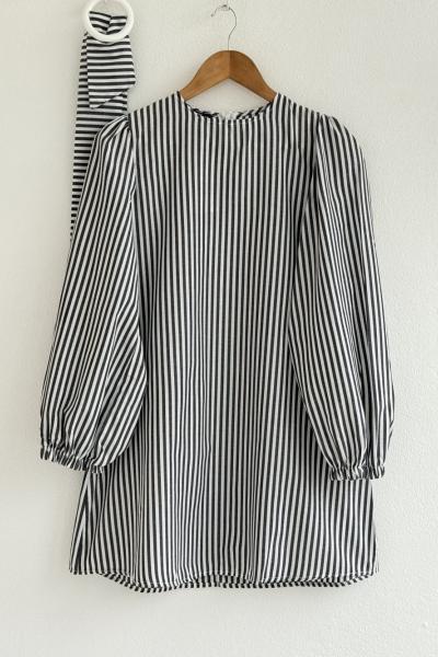 Çizgili Kömerli Balonkol Tunik SiyahFX30229