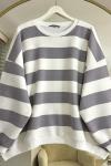 Çizgili Oversize  üçiplik sweat Gri  NEW6025