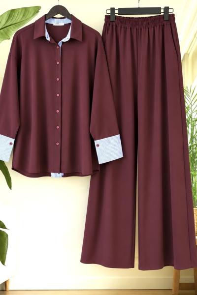 Çizgili Poplin Detaylı Oysho Kumaş Gömlek Pantolon Takım Mürdüm UMS50388