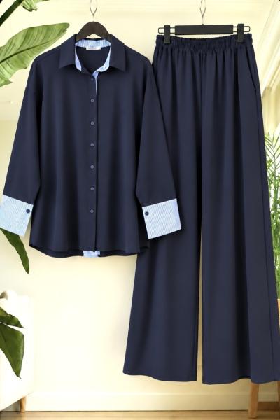 Çizgili Poplin Detaylı Oysho Kumaş Gömlek Pantolon Takım Lacivert UMS50388
