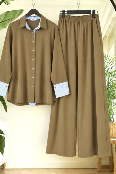 Çizgili Poplin Detaylı Oysho Kumaş Gömlek Pantolon Takım yağyeşil UMS50388