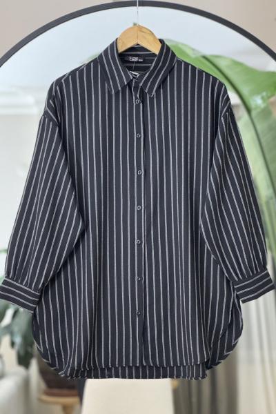 Çizgili salaş kalıp gömlek Siyah FİX8062