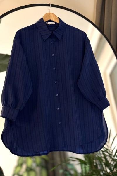 Çizgili salaş rahat kalıp oversize gömlek lacivert SLT30248