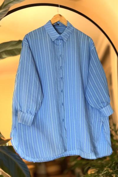 Çizgili salaş rahat kalıp oversize gömlek mavi SLT30248