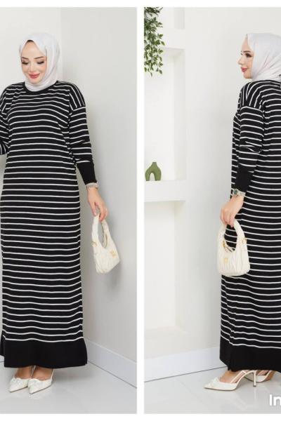 Çizgili Triko Elbise Siyah NEW6018