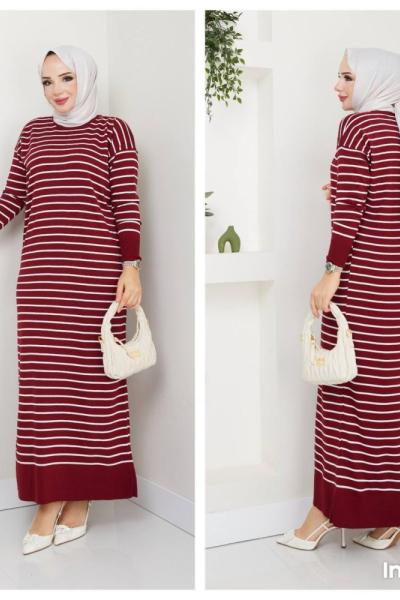 Çizgili Triko Elbise Bordo NEW6018