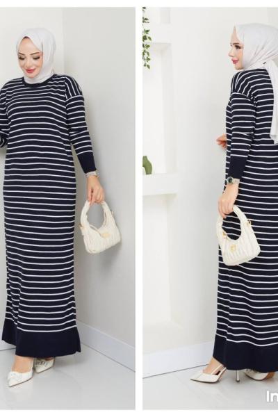 Çizgili Triko Elbise Lacivert NEW6018