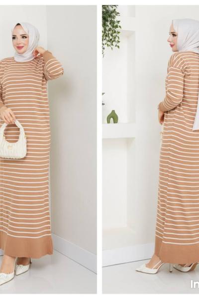 Çizgili Triko Elbise Bej  NEW6018