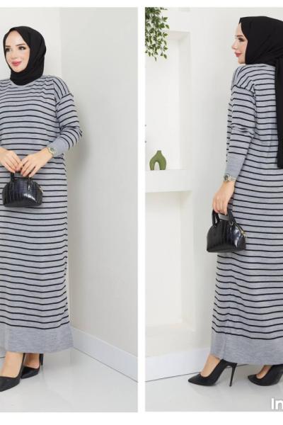 Çizgili Triko Elbise Gri  NEW6018