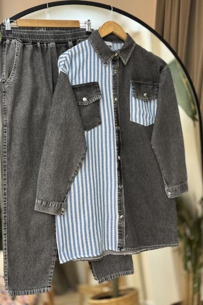 Çizgili tunikli Kot takım Siyah YRN30515