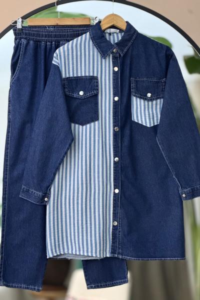 Çizgili tunikli Kot takım Lacivert YRN30515