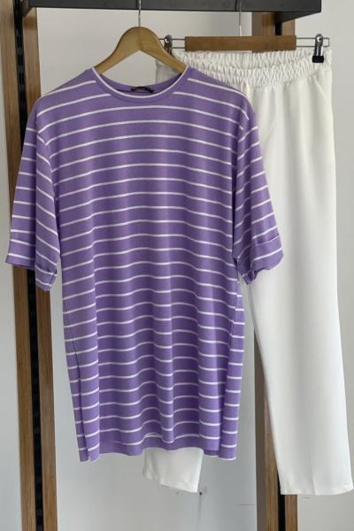 Çizgili tshirt Lila 9576