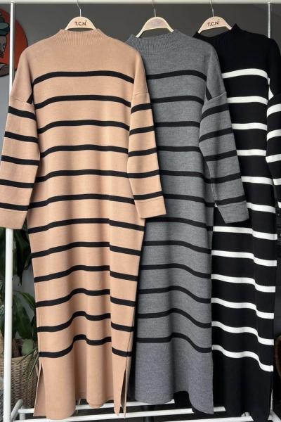 Çizgili triko elbise Gri TCN4058