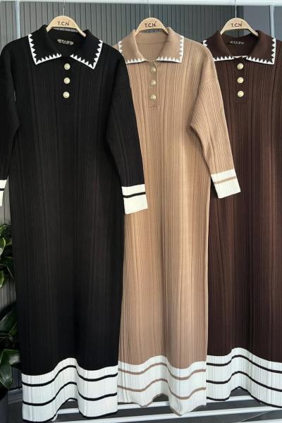 Çizgili yaka Düğmeli Triko Elbise siyah TCN4082