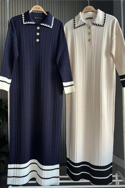 Çizgili yaka Düğmeli Triko Elbise Lacivert TCN4082