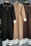 Çizgili yaka Düğmeli Triko Elbise camel  TCN4082
