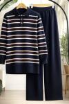 Çizgili Yaka Düğmeli Triko Takım Lacivert TCN40144