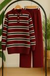 Çizgili Yaka Düğmeli Triko Takım  Bordo TCN40144