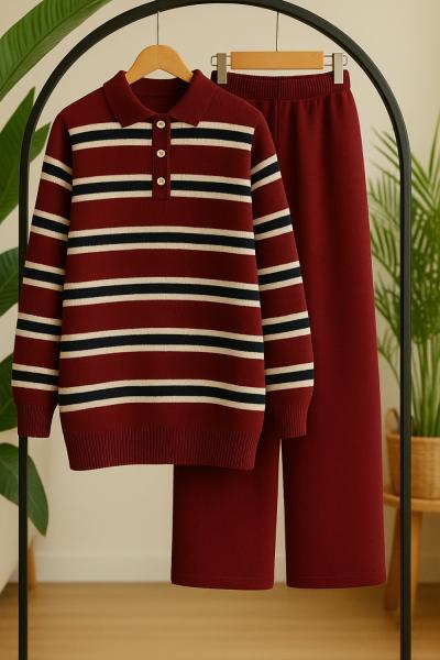 Çizgili Yaka Düğmeli Triko Takım Bordo TCN40144