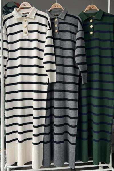 Çizgili Yaka Düğmeli Triko Elbise  Gri TCN4063