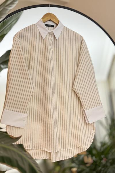 Çizgili Yaka kol beyaz gömlek Bej NEW30275