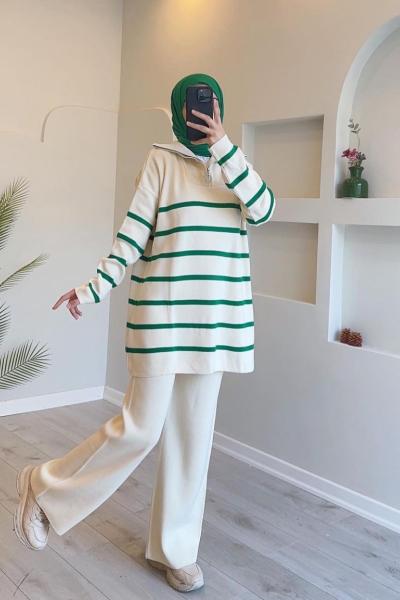 Çizigili fermuarlı triko takım  Yeşil SLT30144