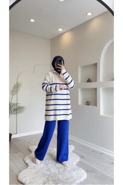 Çizigili fermuarlı triko takım  saks  SLT30144