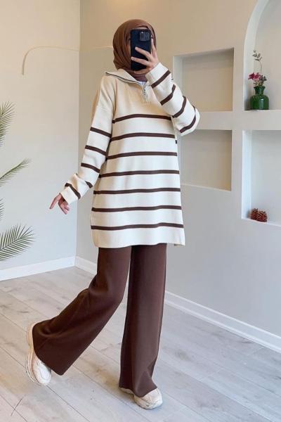 Çizigili fermuarlı triko takım  Kahve  SLT30144