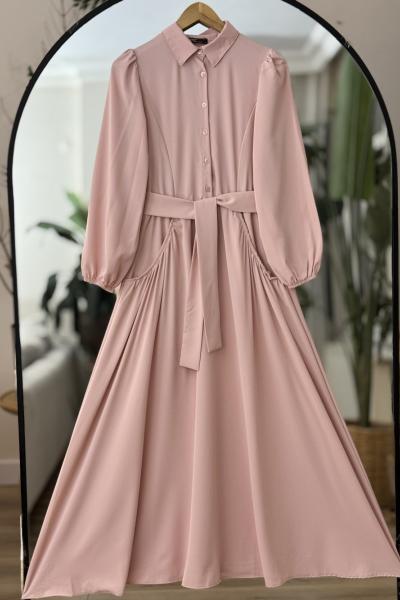 Çuval cepli yarım Düğmeli Dubai Elbise Pudra UMS50290