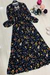 Dallı çiçekli dokuma viskon elbise siyah mavi