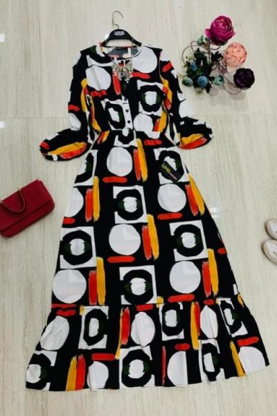 Dama desenli viskon kumaş elbise siyah UMS951