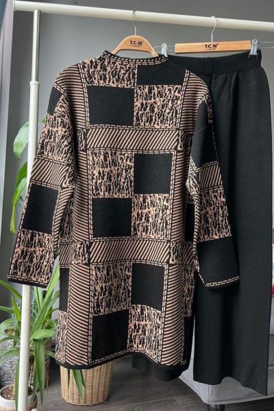 Dama desen triko takım bej TCN4031