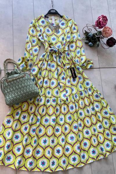 Damla desen papatya elbise suyeşili UMS1558