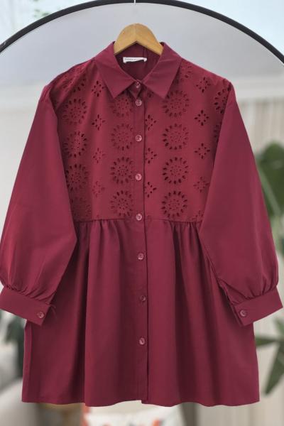 Dantel Detaylı Tunik Gömlek Bordo YR30539