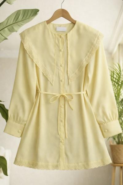Dantel detaylı büyük yakalı Tunik Gömlek Sarı BK9566