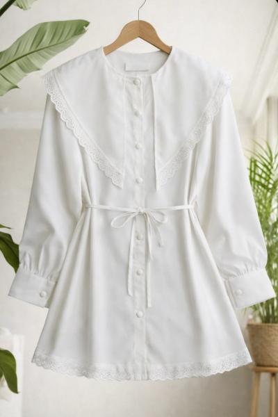 Dantel detaylı büyük yakalı Tunik Gömlek Beyaz BK9566