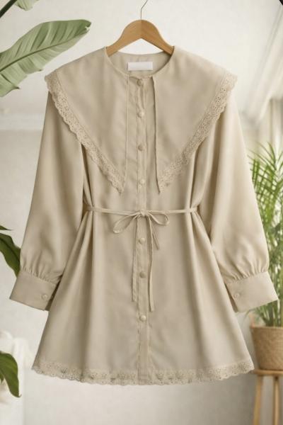 Dantel detaylı büyük yakalı Tunik Gömlek Yeşil BK9566