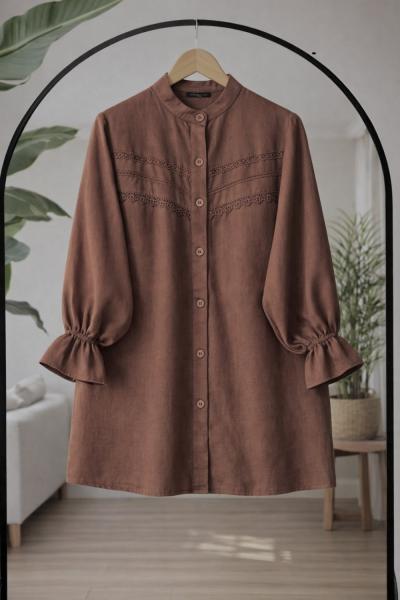 Dantel detaylı gömlek Kahverengi TCN40175