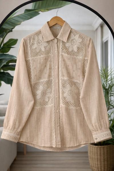 Dantel  İşlemeli Gömlek Bej QU30393