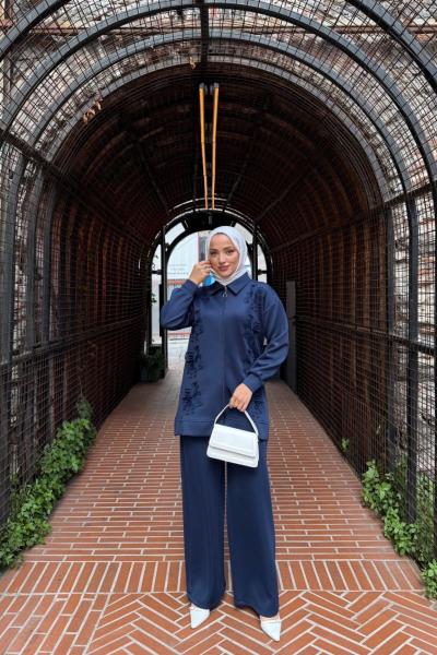 Dantel Nakış İşlemeli Fermuarlı Takım  Lacivert YR30550