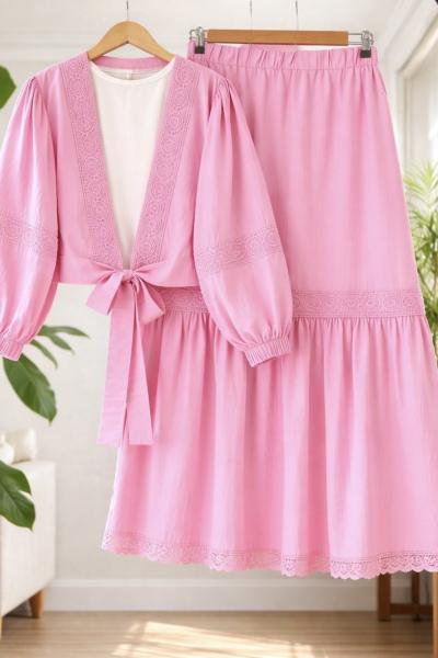 Dantel şeritli Bağlamali Etek Blüz Takım Pembe TB80106