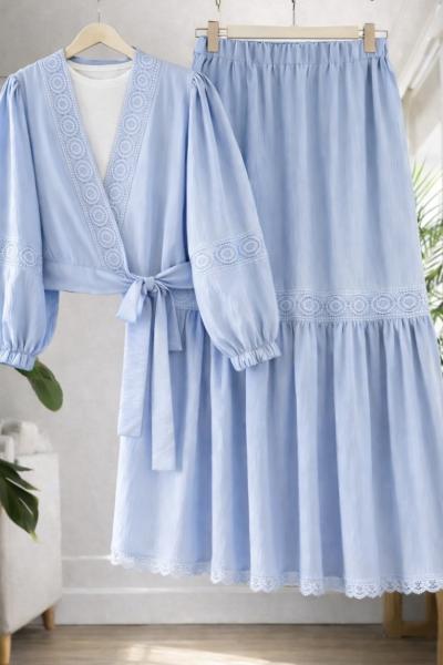 Dantel şeritli Bağlamali Etek Blüz Takım Bebemavi TB80106