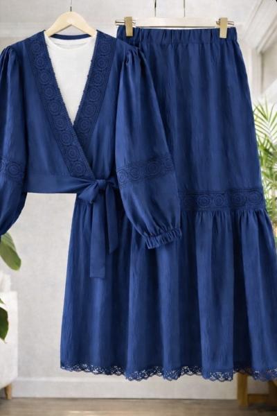 Dantel şeritli Bağlamali Etek Blüz Takım Lacivert TB80106
