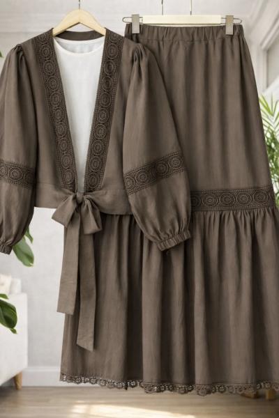 Dantel şeritli Bağlamali Etek Blüz Takım Kahverengi TB80106