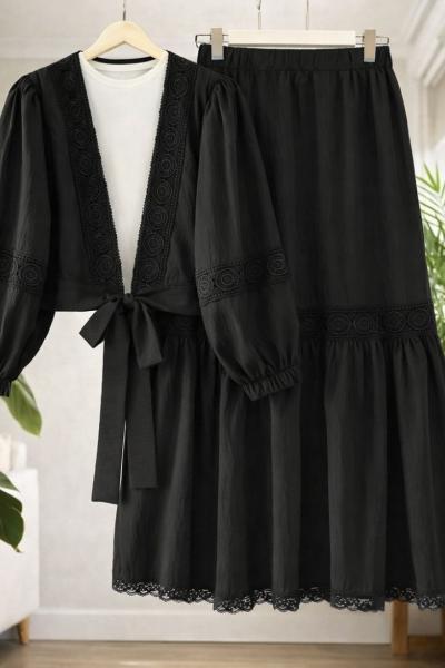 Dantel şeritli Bağlamali Etek Blüz Takım siyah TB80106