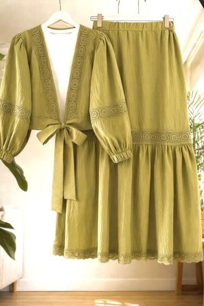 Dantel şeritli Bağlamali Etek Blüz Takım Yağyeşili TB80106