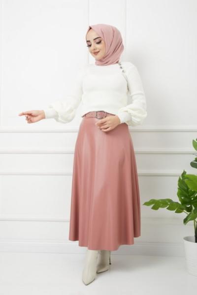 Deri Etek kazak Kombin Pembe-beyaz