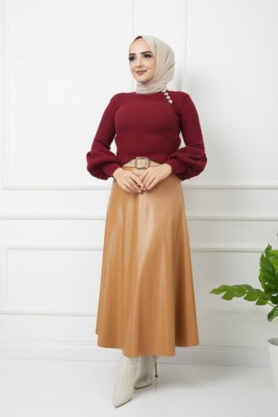 Deri Etek kazak Kombin camel-Bordo
