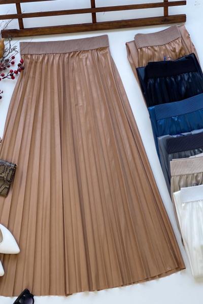Deri görünümlü piliseli etek camel SLT3057