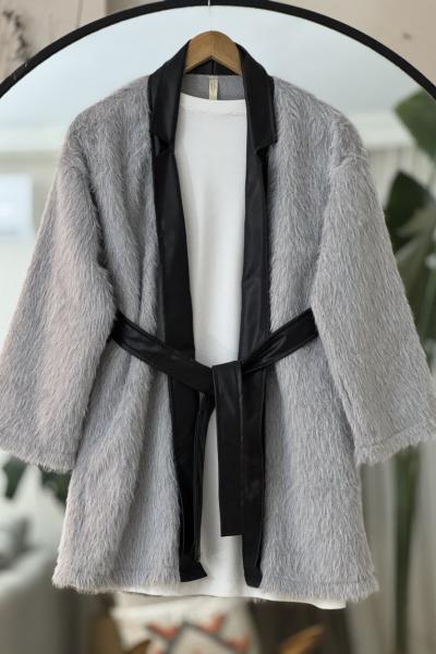Deri kemerli Sakallı kimono Gri TB8032